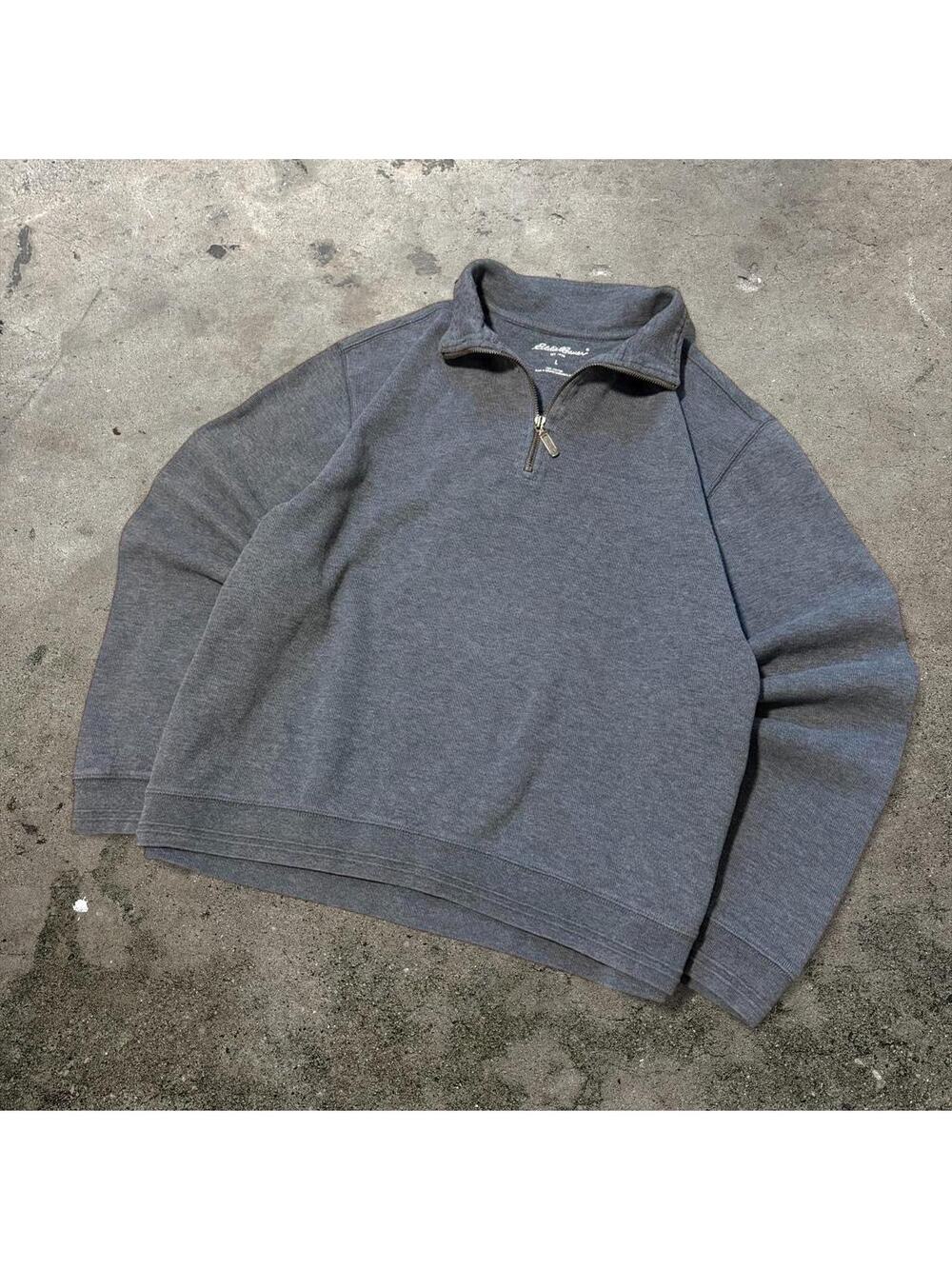 Vintage Eddie Bauer Gray Quarter Zip Pullover Sweatshirt Cotton Sweater Men's L
